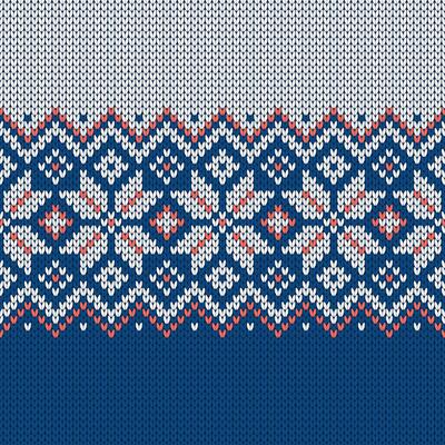 Scandinavian knitted seamless pattern. Norwegian native style sweater, ornaments with snowflakes. Fair Isle design. Wool texture. Winter holiday background, illustration.