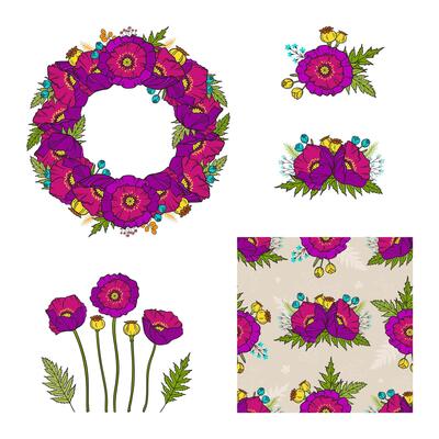 Poppy flowers compositions, floral collection. Set of frame, bouquets, seamless pattern. Hand drawn elements for wedding design, greeting cards, invitations, etc