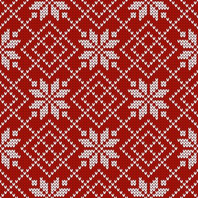 Winter knitted pattern. Nordic ethnic style ornament with snowflakes and rhombs. Holiday background, diamond red pattern seamless texture.