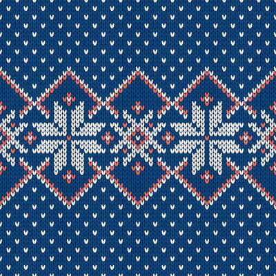 Scandinavian knitted seamless pattern. Norwegian native style sweater, ornament with snowflakes. Fair Isle design. Wool texture. Winter holiday backgrounds, illustration.