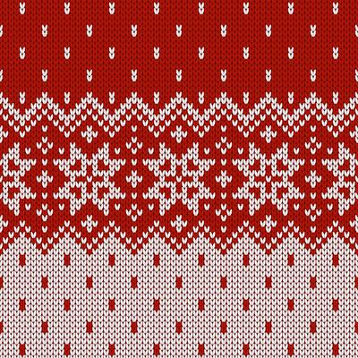Scandinavian knitted seamless pattern. Norwegian native style sweater, ornament with snowflakes. Fair Isle design. Wool red and white textured. Winter holiday background, illustration.