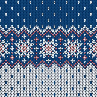 Scandinavian knitted seamless pattern. Norwegian native style sweater, ornament with snowflakes. Fair Isle design. Wool texture. Winter holiday background, blue and white illustration.