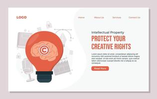 intellectual property copyright web site design template with flat cartoon brain and lightbulb vector
