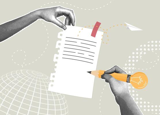 Trendy collage of halftone images. Documenting and sharing creative ideas. The concept of writing a note, memo, information, article, or new idea.