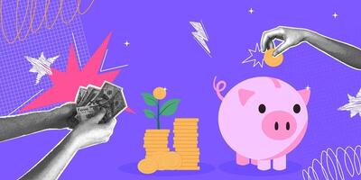 Trendy collage with halftone images. The concept of savings and investments. A modern retro illustration in mixed media. Scribble elements on a retro poster. vector