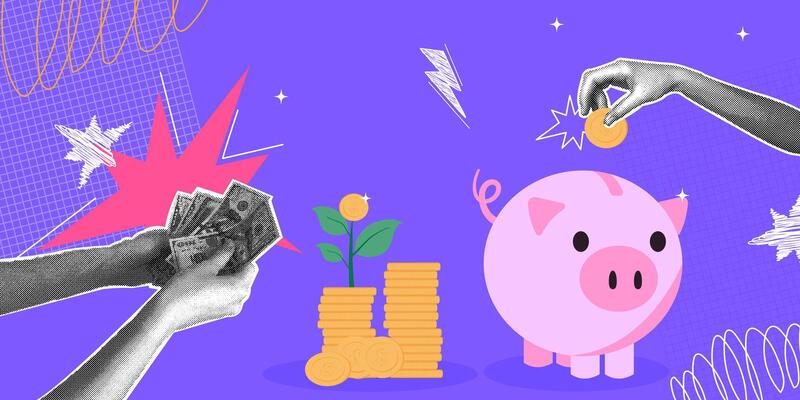 Trendy collage with halftone images. The concept of savings and investments. A modern retro illustration in mixed media. Scribble elements on a retro poster.