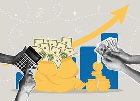 Trendy halftone collage. Concept of financial growth and investment. Concept of savings, sales chart, transactions. vector