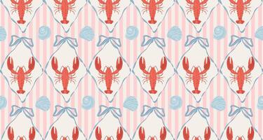 Vintage seamless pattern with hand-drawn bows, lobsters, and seashells. Modern coastal background. Vintage damask pattern. vector