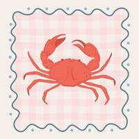 Doodle style illustration. Illustration of red crab on pink checkered background in square wavy frame. Sketch of dolce vita style poster. illustration vector