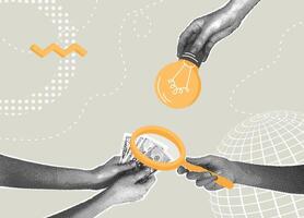 Trendy halftone collage. Conceptual illustration of investment and idea generation. The concept of investment, new ideas with increased profits, the concept of problem solving. illustration vector