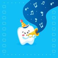Cute Tooth Character Playing Trombone on Blue Background vector