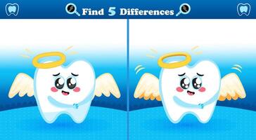 Find the Differences Game with Angel Tooth Character for Kids vector