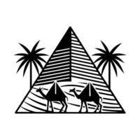 Stylized Illustration of Pyramids and Camels in Desert. vector