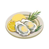 Two Oysters with Lemon and Herbs on a Plate. vector