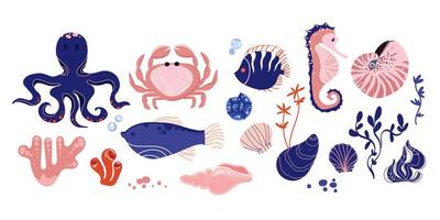 Sea animals and ocean elements collection including octopus, crab, fish, seahorse, coral, shells, and seaweed. Ocean Life Flat Design Set.Underwater design Elements isolated on white background vector