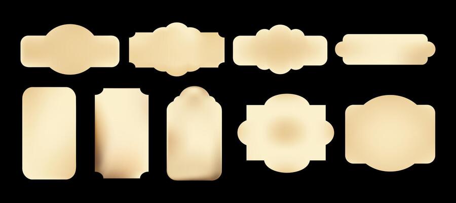 Old beige vintage label templates set with classic shapes and gradient fills on black background, product packaging, branding, invitations, gift tags.Beige Tag and Label Templates illustration