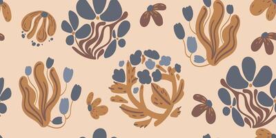 Botanical Seamless pattern with abstract floral shapes in muted blue, brown, and beige tones, perfect for textile prints, wallpaper, packaging, wrapping paper, and digital backgrounds vector