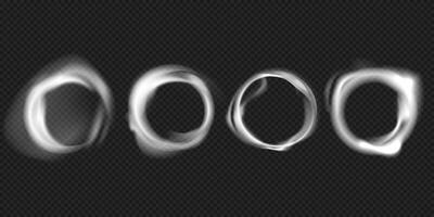 Set of glowing smoke ring overlays with white mist and circular vortex shapes on . Circular Mist and Vapor Effects for Special Visual FX. illustration vector
