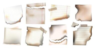 Realistic vintage torn and burnt notebook paper pieces set with scorched edges, including grid, lined, and blank styles, isolated on white.Torn Burned Lined and Grid Paper Elements. illustration vector