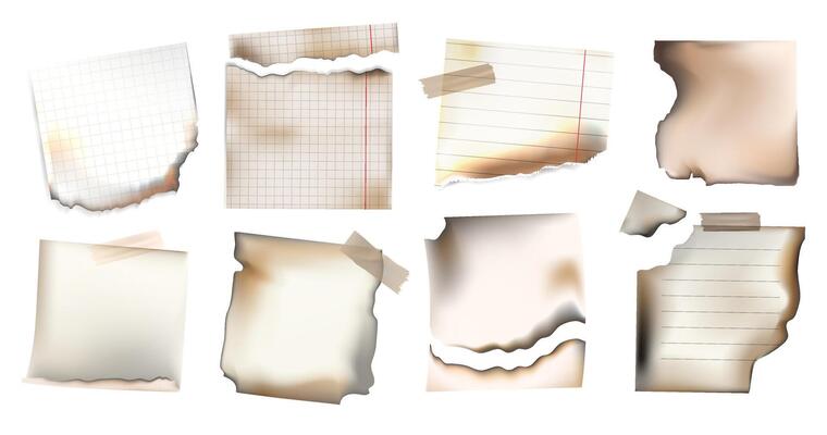 Realistic vintage torn and burnt notebook paper pieces set with scorched edges, including grid, lined, and blank styles, isolated on white.Torn Burned Lined and Grid Paper Elements. illustration