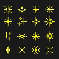 Pixel art sparkles and light burst icons set on dark background, perfect for retro games, UI design, mobile apps, and digital effects projects.Retro 8-Bit Style Glowing Pixel Symbols vector
