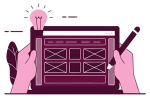 Website Wireframe on Tablet with Stylus and Idea Light Bulb Illustration vector
