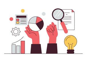 Business Analysis Illustration Hands Holding Pie Chart, Magnifying Glass on Documents, and Data Graph vector