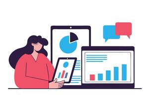 Woman Analyzing Business Data Tablet, Laptop, and Pie Chart for Growth Analysis vector