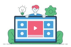 Cartoon Man Presenting Content on Laptop Display with Idea Bulb and Gear Icon vector