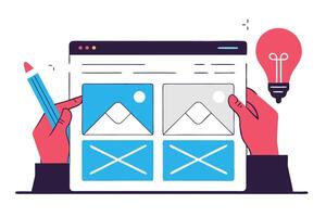 Hands Holding Website Mockup with Mountains, Mail Icons, and Light Bulb Concept vector