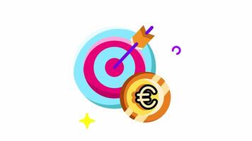 Animated Made in uk a target with an arrow hitting the bulls eye and a euro coin next to it flat style. video