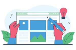 Illustrative Design of Hands Holding a Website with a Pencil and Light Bulb vector