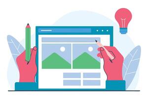 Hands Design Website Mockup with Pencils, Idea Bulb, and Foliage Elements vector