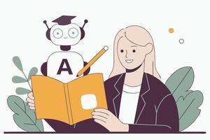 Woman Reads Book with AI Robot Companion, Illustrative Design and Learning Concept vector