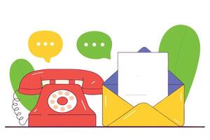 Retro Rotary Phone with Message Bubbles and Open Envelope Holding Blank Letter vector