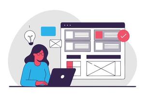 Woman Working on Website Wireframe with Laptop, Light Bulb, and Check Mark vector