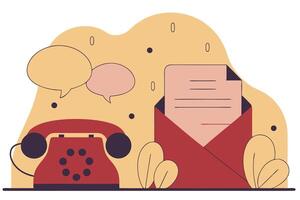Retro Red Phone with Speech Bubbles Next to an Opened Red Envelope vector