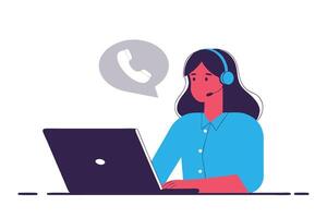 Online Support Assistant Working on Laptop with Headset and Call Icon vector