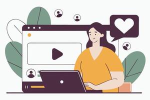 Woman with Laptop Watching on Website with Heart Icon and User Profiles vector