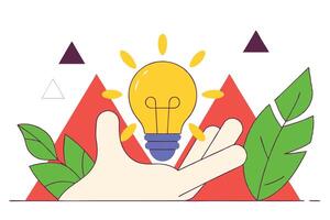 Creative Idea Concept Light Bulb in Hand, Geometric Shapes and Plant Foliage Illustration vector