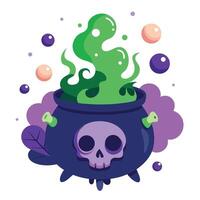 Cartoon Halloween Cauldron with Green Potion and Skull Design, Floating Orbs Around the Pot vector