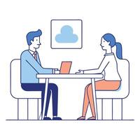 Business Meeting Man with Laptop Interviewing Woman Across Table in Office Setting vector
