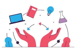 Hands Holding Knowledge Laptop, Book, Lightbulb, Flask on White Background Illustration vector
