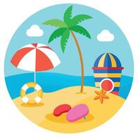 Cartoon Beach Palm Tree, Umbrella, Bucket, FlipFlops, and Seaside Elements vector