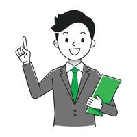 Cartoon Businessman Pointing Upward Holding Green File Folder With a Smiling Expression vector