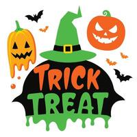 Festive Halloween Featuring Trick or Treat Message, Pumpkins, Witch Hat, and Bats vector
