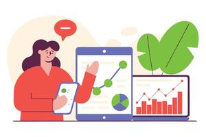 Woman analyzing charts on mobile, tablet, and laptop for business data growth vector