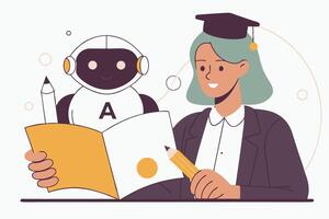 Woman with Graduation Cap Studies with Robot Assistant Reading a Book Together vector