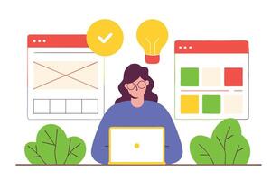 Woman with Laptop Designing Website, Checkmark, Idea Bulb Icon, and Bushes vector