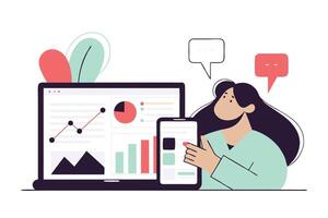 Data Analysis Illustration Woman with Laptop, Mobile Phone, Charts and Graphs, Speech Bubbles vector